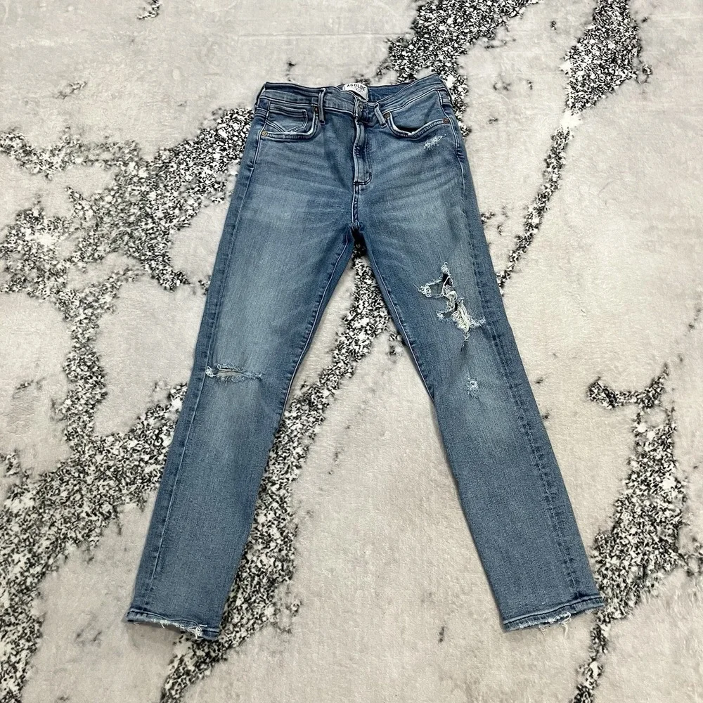 AGOLDE High Rise Skinny Jeans Distressed Raw Hem Light Wash Womens 28 Stretch